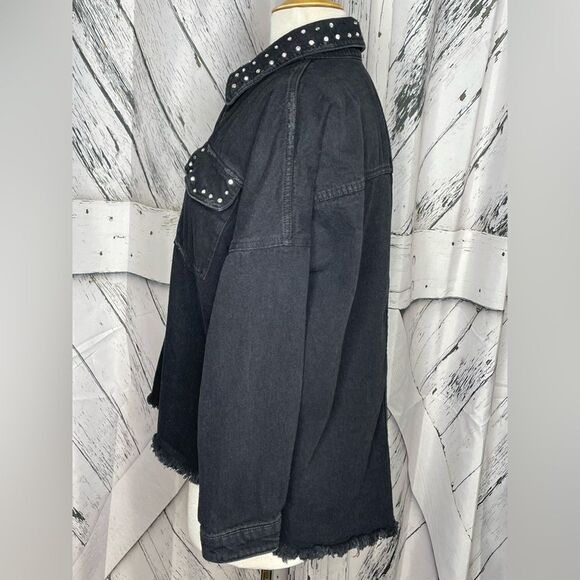 Zara Black Oversized Rhinestone Embellished Frayed Denim Jacket S - Picture 4 of 10